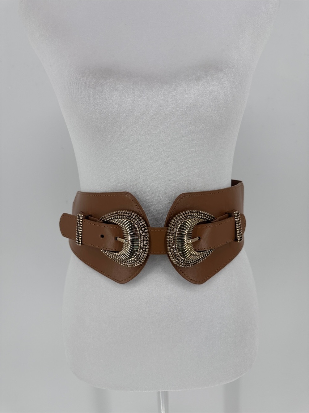 Women’s Western Double Buckle Corset Waist Belt M/L Tan Gold Boho